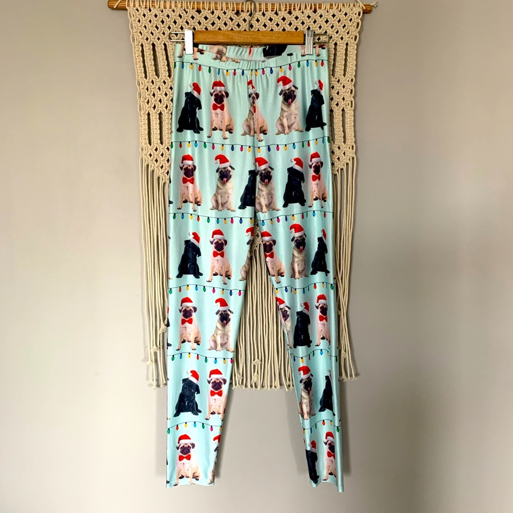 Christmas Santa Pug & Lights Stretch Leggings